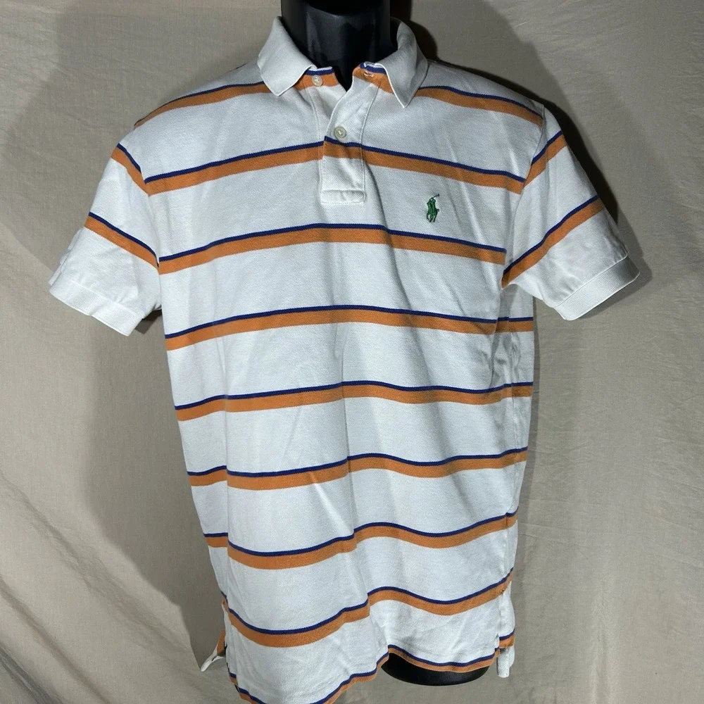 Polo Ralph Lauren Polo Shirt Mens M Striped White Orange Blue Preppy Pique